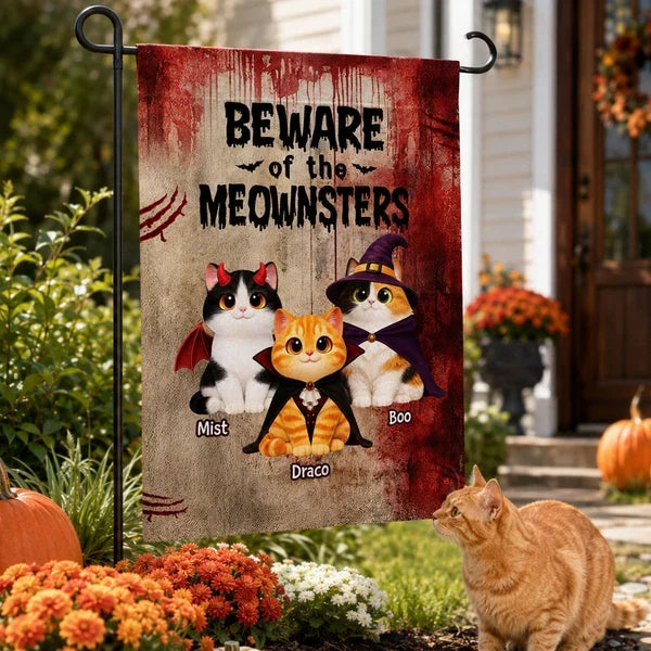Personalized Garden Flag, Beware of the Meownsters Costume Cats, Red Vintage Halloween Decor, Unique Gift for Cat Lovers