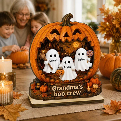 Personalized 2-Layer Wooden Plaque, Halloween Pumpkin Ghost Decor, Unique Gift for Grandma