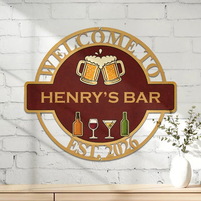Personalized Shaped Metal Sign with Clinking Beer Mugs, Burgundy and Gold Bar Decor, Unique Gift for Bar Owner