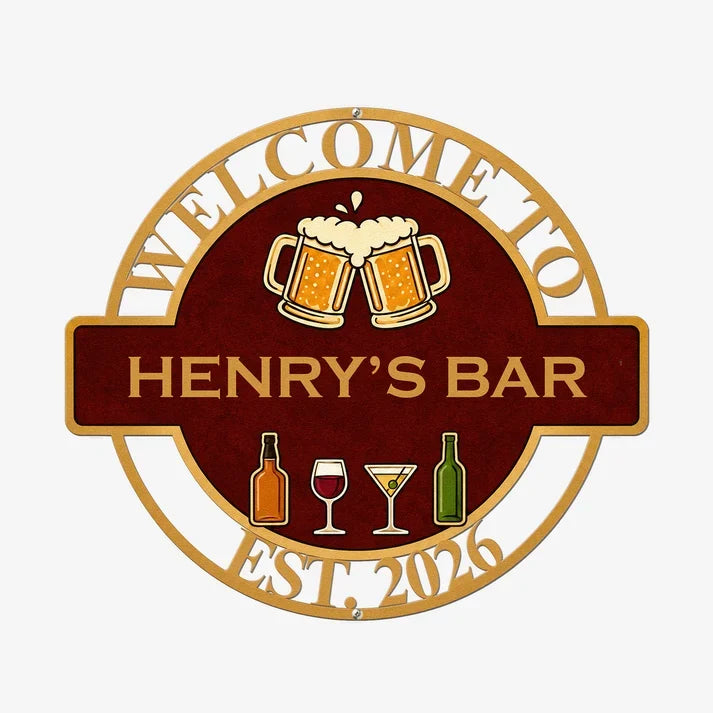 Personalized Shaped Metal Sign with Clinking Beer Mugs, Burgundy and Gold Bar Decor, Unique Gift for Bar Owner