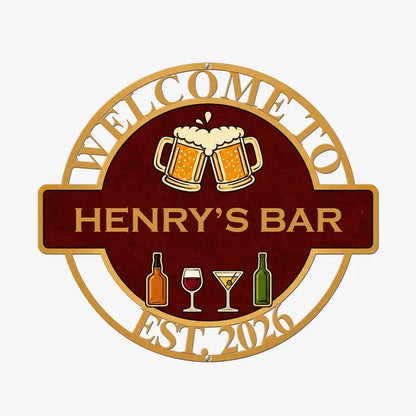Personalized Shaped Metal Sign with Clinking Beer Mugs, Burgundy and Gold Bar Decor, Unique Gift for Bar Owner