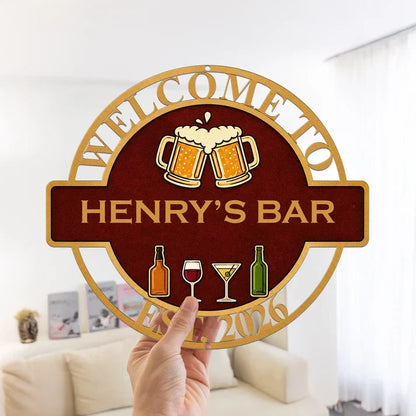 Personalized Shaped Metal Sign with Clinking Beer Mugs, Burgundy and Gold Bar Decor, Unique Gift for Bar Owner
