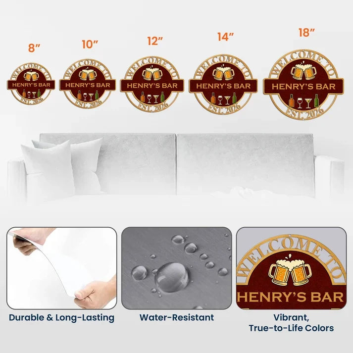Personalized Shaped Metal Sign with Clinking Beer Mugs, Burgundy and Gold Bar Decor, Unique Gift for Bar Owner