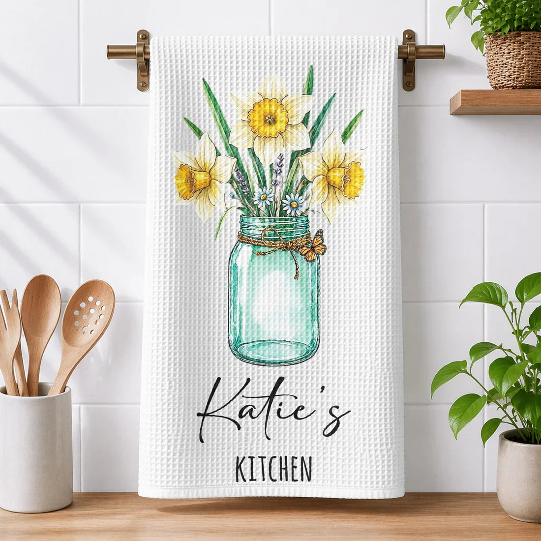 Personalized Floral Kitchen Towel, Custom Cottage Decor, Unique Gift for Mom, Grandma, Wife & Sister