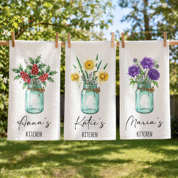 Personalized Floral Kitchen Towel, Custom Cottage Decor, Unique Gift for Mom, Grandma, Wife & Sister
