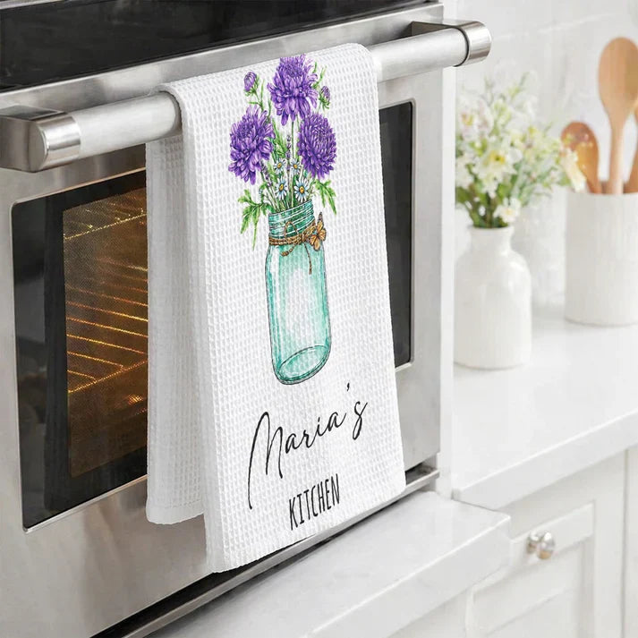 Personalized Floral Kitchen Towel, Custom Cottage Decor, Unique Gift for Mom, Grandma, Wife & Sister