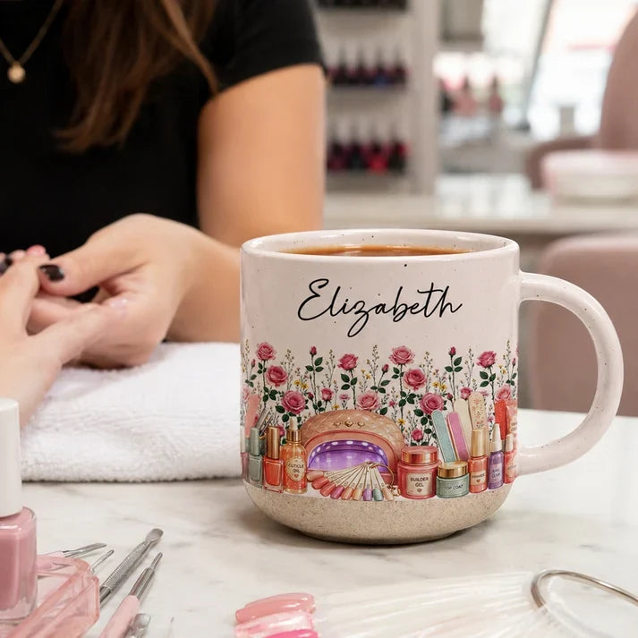 Wildflower Beauty Pottery Mug with Elegant Script, Personalized Keepsake and Unique Gift for a Nail Tech