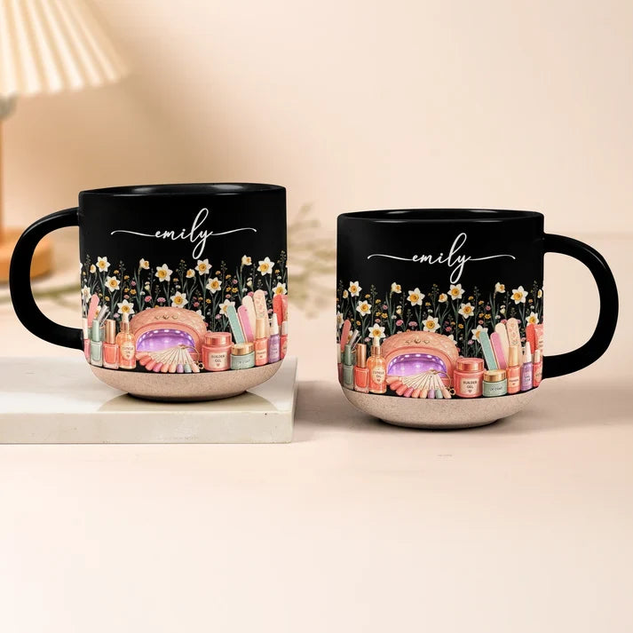 Wildflower Beauty Pottery Mug with Elegant Script, Personalized Keepsake and Unique Gift for a Nail Tech