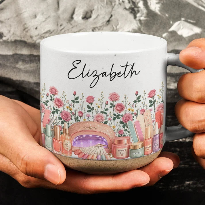 Wildflower Beauty Pottery Mug with Elegant Script, Personalized Keepsake and Unique Gift for a Nail Tech