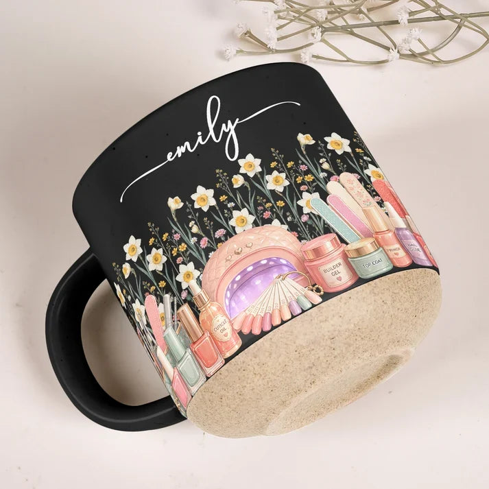 Wildflower Beauty Pottery Mug with Elegant Script, Personalized Keepsake and Unique Gift for a Nail Tech
