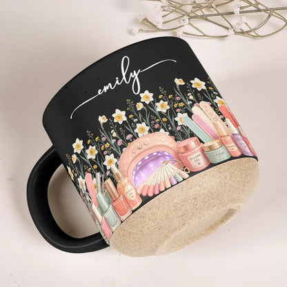 Wildflower Beauty Pottery Mug with Elegant Script, Personalized Keepsake and Unique Gift for a Nail Tech