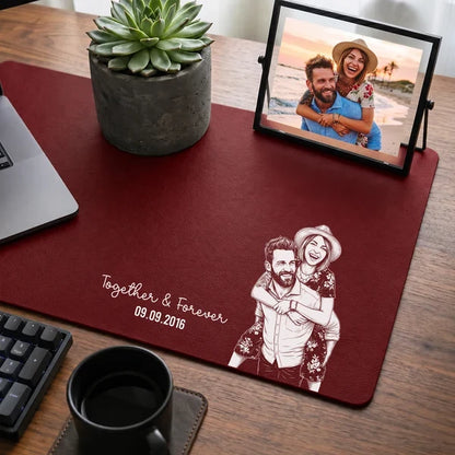 Personalized Leather Desk Mat, Custom Piggyback Couple Photo Sketch, Unique Gift for Couples