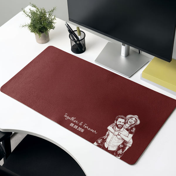 Personalized Leather Desk Mat, Custom Piggyback Couple Photo Sketch, Unique Gift for Couples