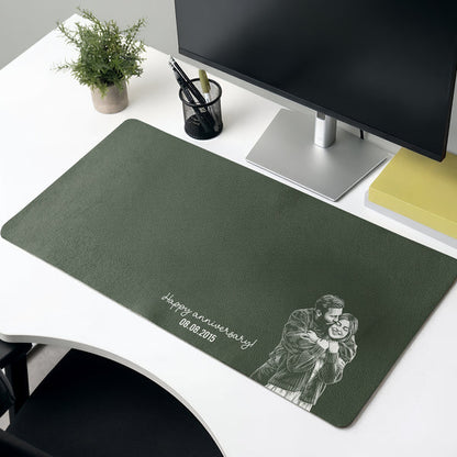 Personalized Leather Desk Mat, Custom Piggyback Couple Photo Sketch, Unique Gift for Couples