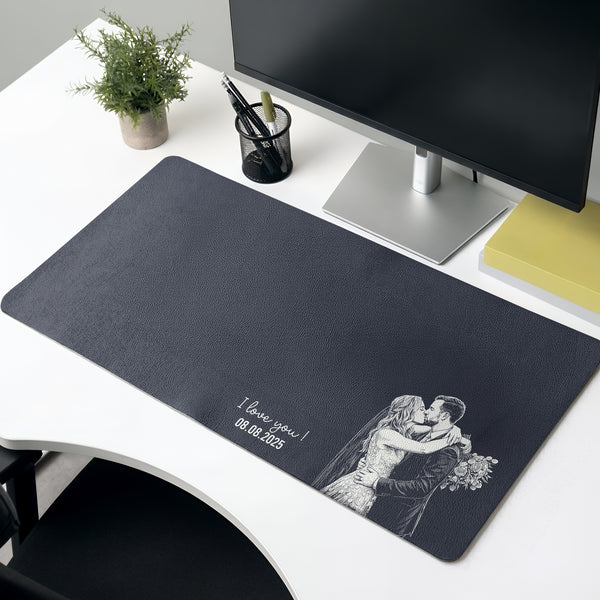 Personalized Leather Desk Mat, Custom Piggyback Couple Photo Sketch, Unique Gift for Couples