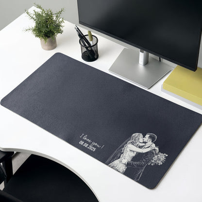 Personalized Leather Desk Mat, Custom Piggyback Couple Photo Sketch, Unique Gift for Couples