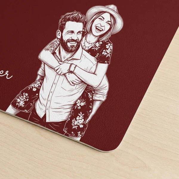 Personalized Leather Desk Mat, Custom Piggyback Couple Photo Sketch, Unique Gift for Couples