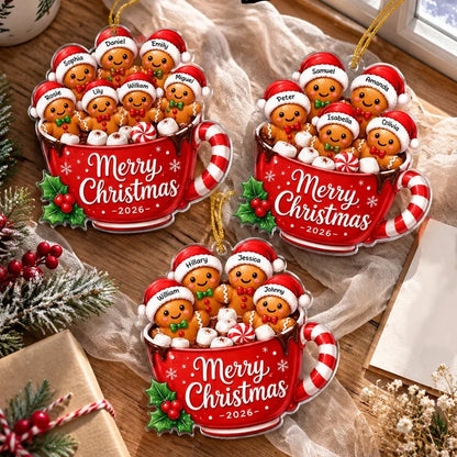 Personalized Acrylic Ornament, Gingerbread Family in Red Cocoa Mug, Unique Christmas Gift for Family