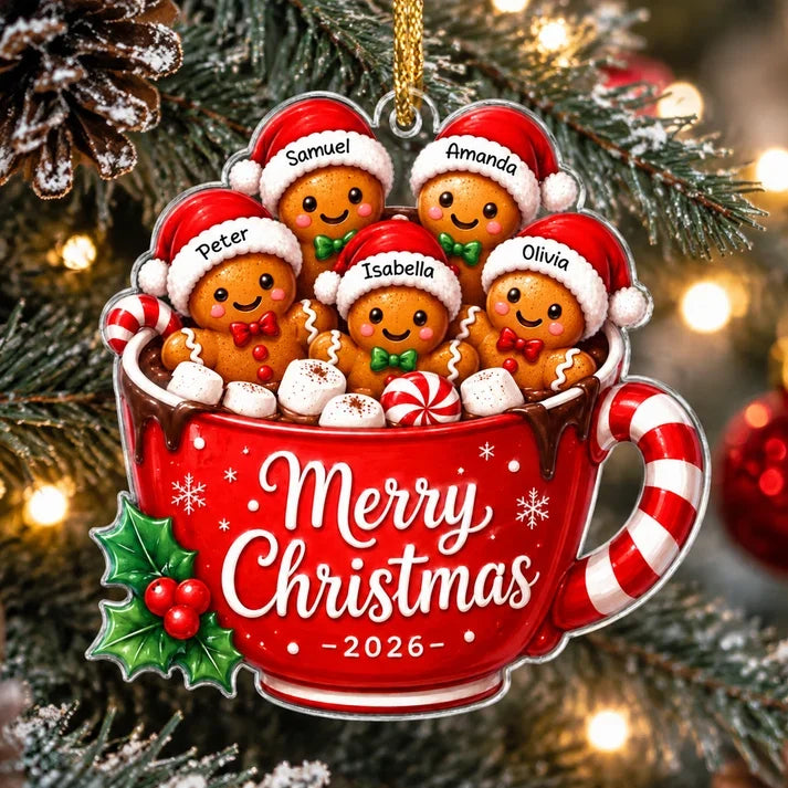 Personalized Acrylic Ornament, Gingerbread Family in Red Cocoa Mug, Unique Christmas Gift for Family