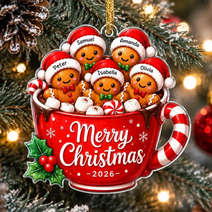 Personalized Acrylic Ornament, Gingerbread Family in Red Cocoa Mug, Unique Christmas Gift for Family