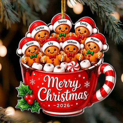 Personalized Acrylic Ornament, Gingerbread Family in Red Cocoa Mug, Unique Christmas Gift for Family