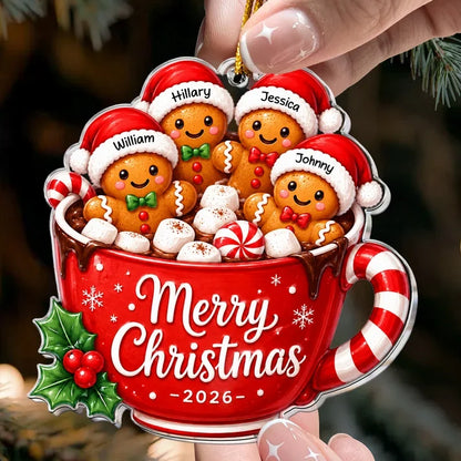 Personalized Acrylic Ornament, Gingerbread Family in Red Cocoa Mug, Unique Christmas Gift for Family