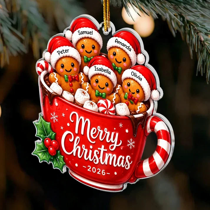 Personalized Acrylic Ornament, Gingerbread Family in Red Cocoa Mug, Unique Christmas Gift for Family