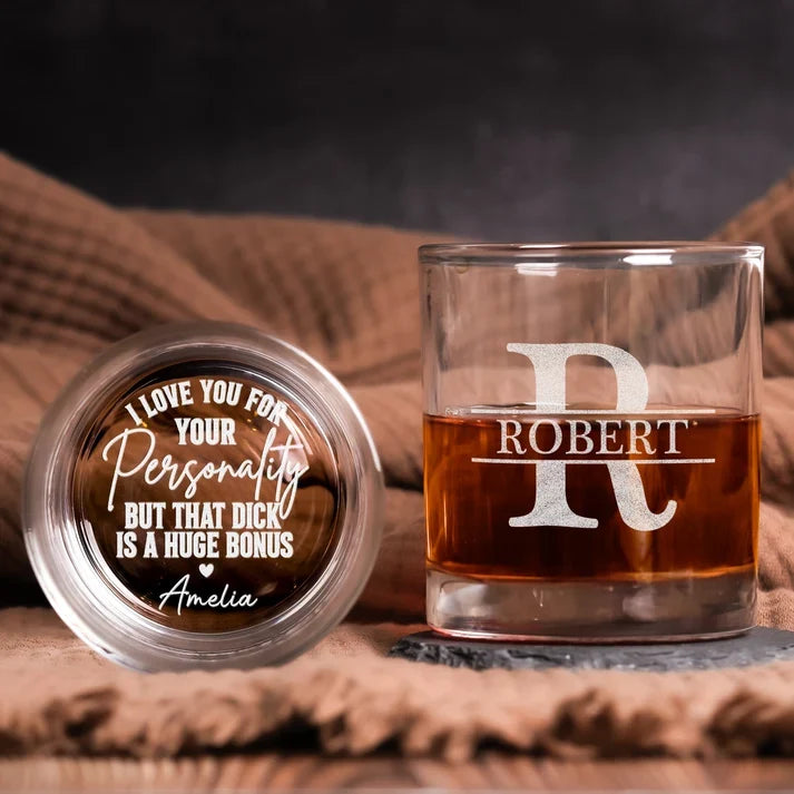 Personalized Double Sided Whiskey Glass, Bold Typographic Design, Unique Gift for Husband or Boyfriend