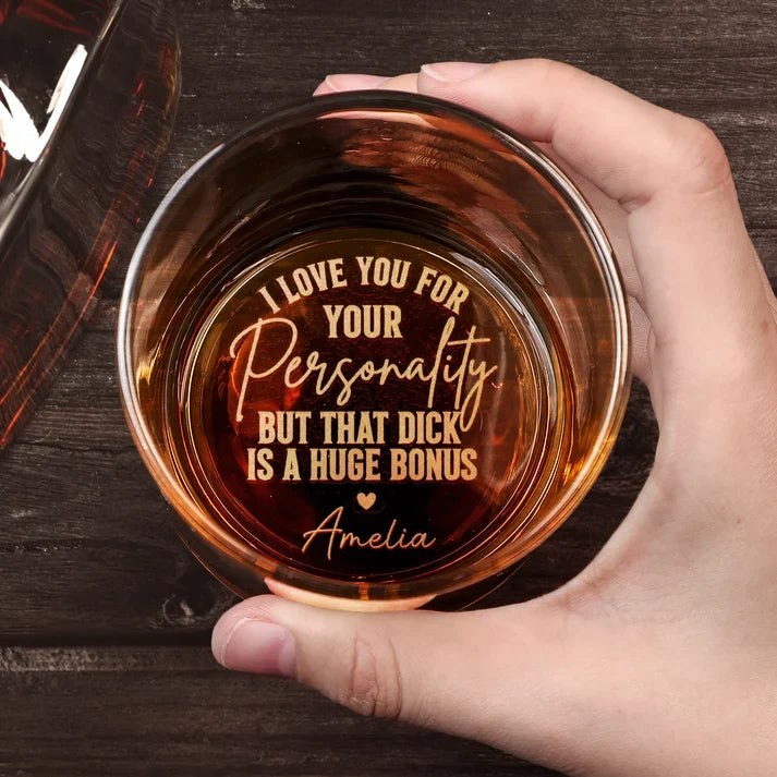 Personalized Double Sided Whiskey Glass, Bold Typographic Design, Unique Gift for Husband or Boyfriend