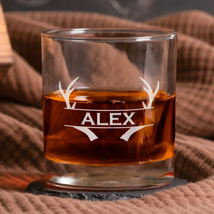 Personalized Double Sided Whiskey Glass, Bold Typographic Design, Unique Gift for Husband or Boyfriend