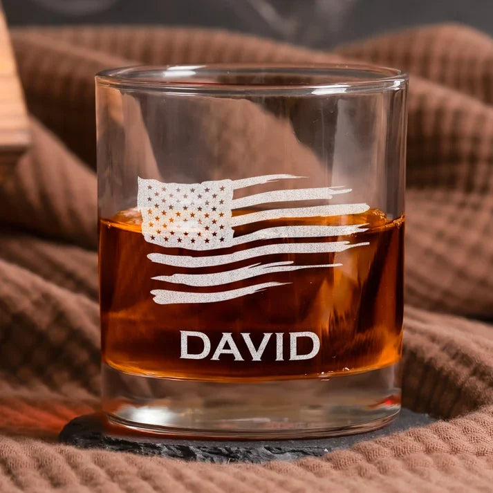 Personalized Double Sided Whiskey Glass, Bold Typographic Design, Unique Gift for Husband or Boyfriend