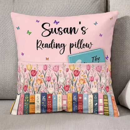 Personalized Square Pillow with Pink Floral Bookshelf and Butterflies, Unique Gift for Book Lovers