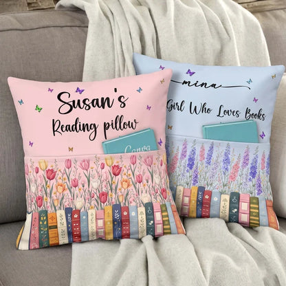 Personalized Square Pillow with Pink Floral Bookshelf and Butterflies, Unique Gift for Book Lovers