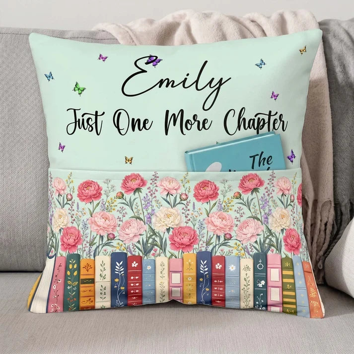 Personalized Square Pillow with Pink Floral Bookshelf and Butterflies, Unique Gift for Book Lovers