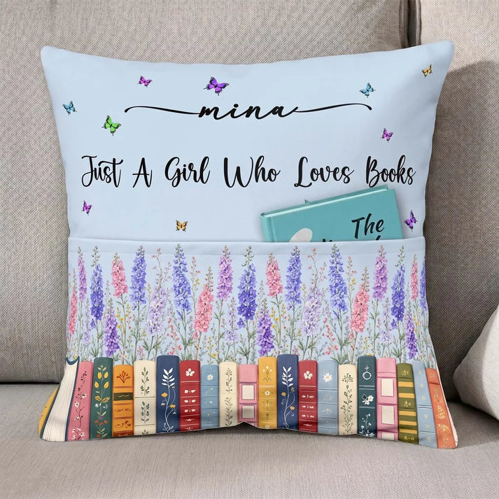 Personalized Square Pillow with Pink Floral Bookshelf and Butterflies, Unique Gift for Book Lovers