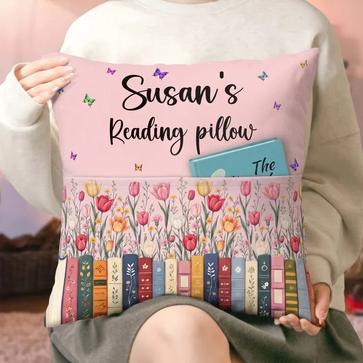 Personalized Square Pillow with Pink Floral Bookshelf and Butterflies, Unique Gift for Book Lovers