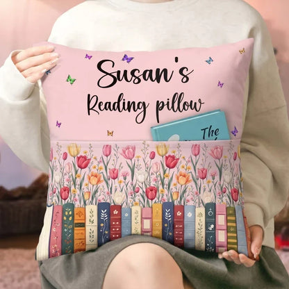 Personalized Square Pillow with Pink Floral Bookshelf and Butterflies, Unique Gift for Book Lovers