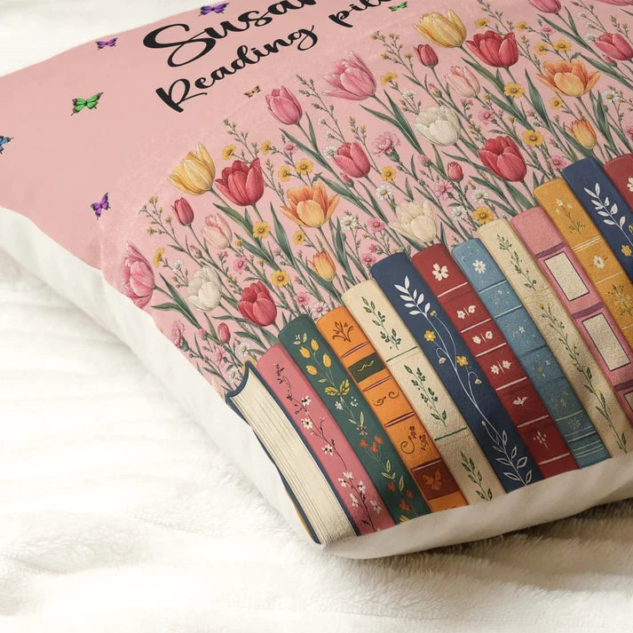 Personalized Square Pillow with Pink Floral Bookshelf and Butterflies, Unique Gift for Book Lovers