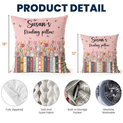Personalized Square Pillow with Pink Floral Bookshelf and Butterflies, Unique Gift for Book Lovers