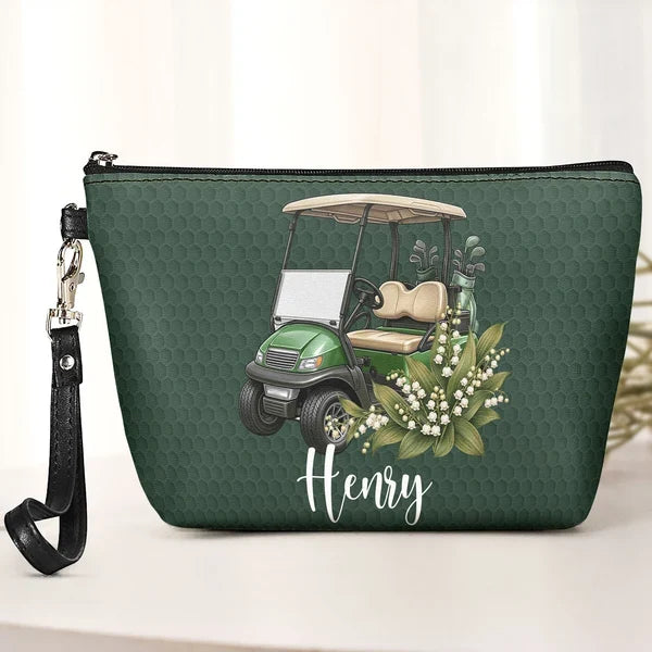 Personalized Women's Zipper Makeup Bag, Purple Floral Golf Cart, Unique Gift for Golf Lover
