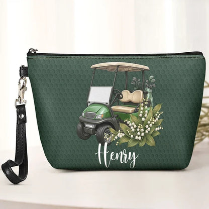 Personalized Women's Zipper Makeup Bag, Purple Floral Golf Cart, Unique Gift for Golf Lover