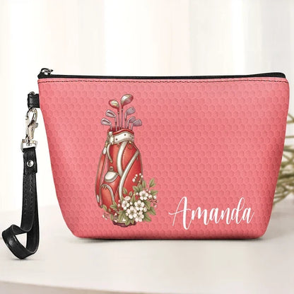 Personalized Women's Zipper Makeup Bag, Purple Floral Golf Cart, Unique Gift for Golf Lover