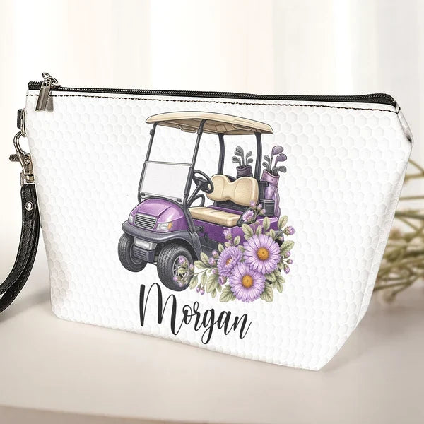 Personalized Women's Zipper Makeup Bag, Purple Floral Golf Cart, Unique Gift for Golf Lover