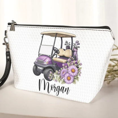 Personalized Women's Zipper Makeup Bag, Purple Floral Golf Cart, Unique Gift for Golf Lover
