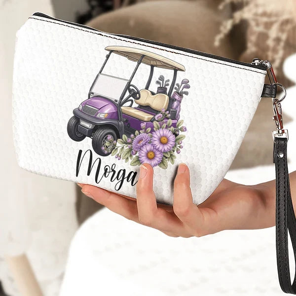 Personalized Women's Zipper Makeup Bag, Purple Floral Golf Cart, Unique Gift for Golf Lover