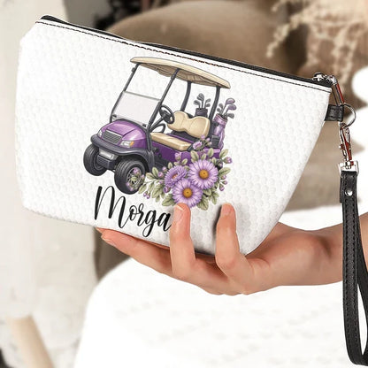 Personalized Women's Zipper Makeup Bag, Purple Floral Golf Cart, Unique Gift for Golf Lover