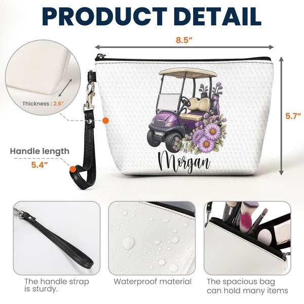 Personalized Women's Zipper Makeup Bag, Purple Floral Golf Cart, Unique Gift for Golf Lover