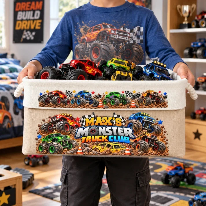Personalized Monster Truck Cotton Linen Rope Basket, Playroom Toy Storage, Unique Gift for Kids