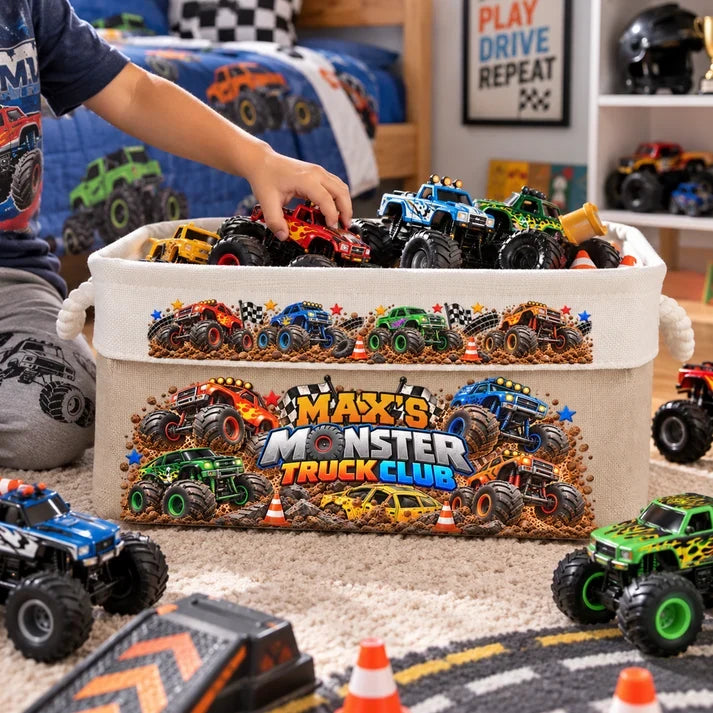 Personalized Monster Truck Cotton Linen Rope Basket, Playroom Toy Storage, Unique Gift for Kids
