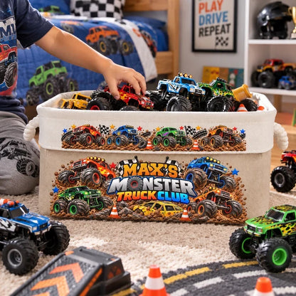 Personalized Monster Truck Cotton Linen Rope Basket, Playroom Toy Storage, Unique Gift for Kids